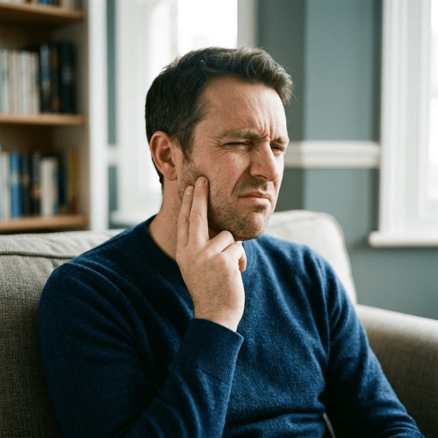 Man touching his cheek with a pained expression while seated indoors