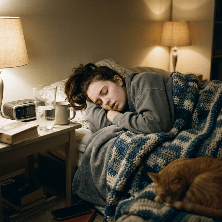 Sleeping person under a patterned blanket beside a resting orange cat