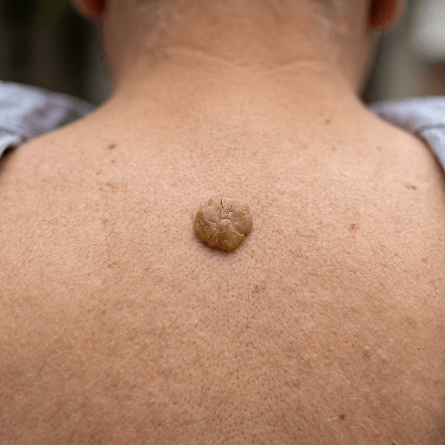 Raised, textured skin growth on a person’s upper back
