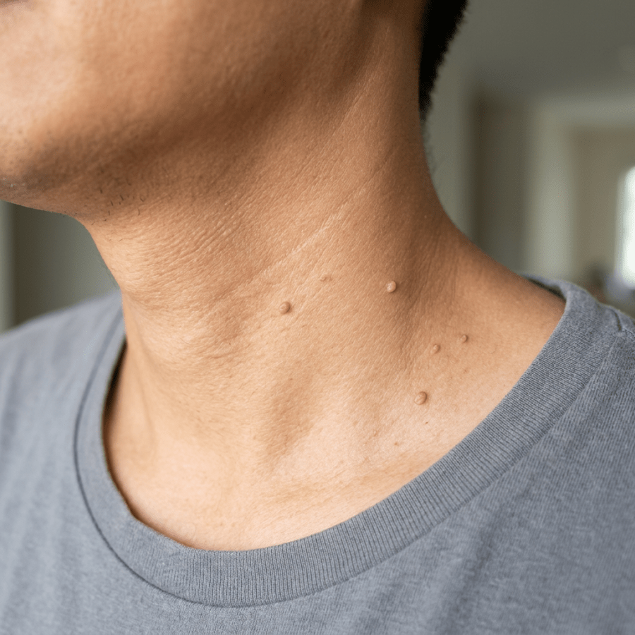 Several small raised skin growths on a person’s neck