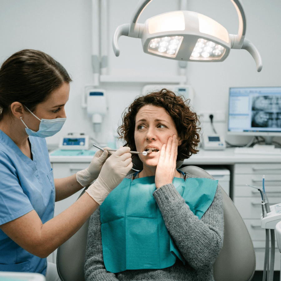 Dentist examining a patient's teeth in a dental treatment room