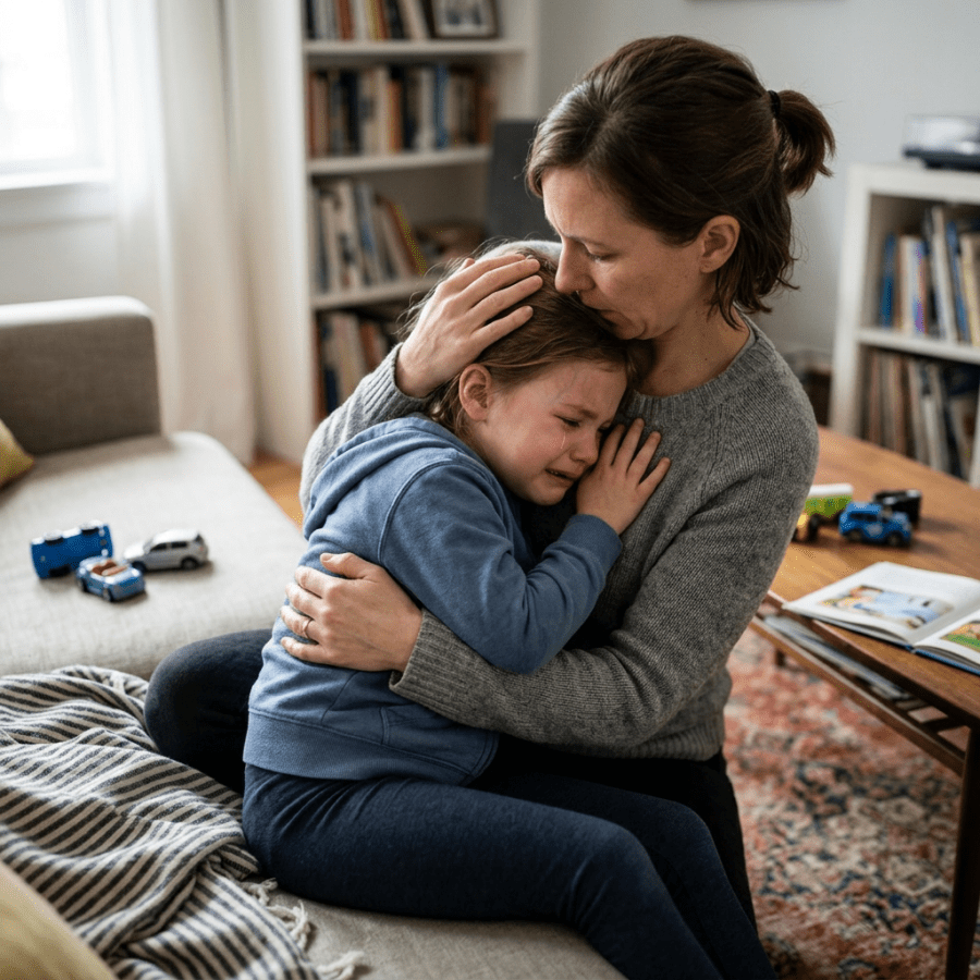 Mother comforting a crying child while embracing her on a sofa