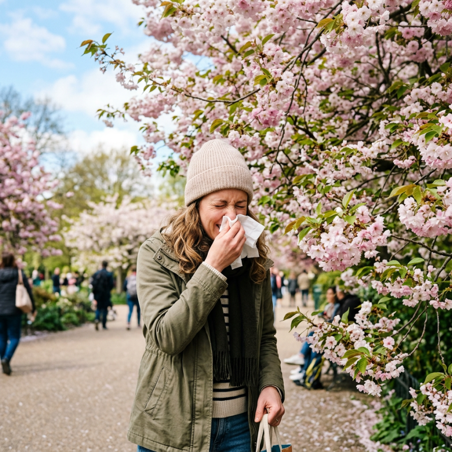 Woman sneezing into a tissue beneath blooming cherry trees