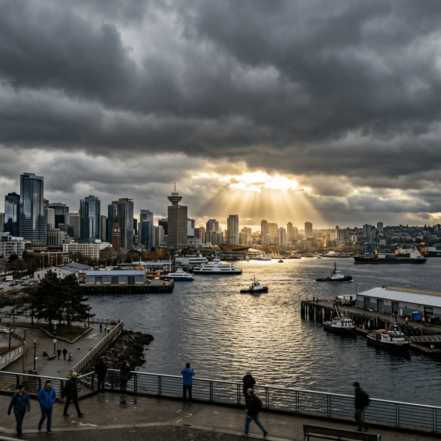 Sunlight breaking through heavy grey cloud over a city waterfront