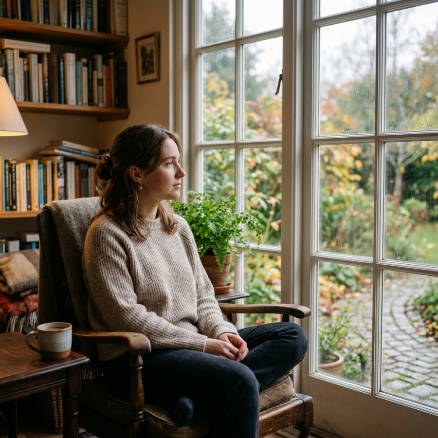 Woman sitting in an armchair beside a rain-speckled window