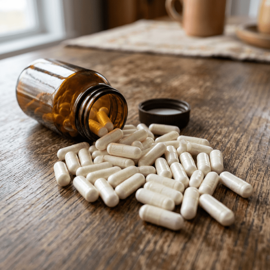 White capsules spilled from an open amber prescription bottle on a table