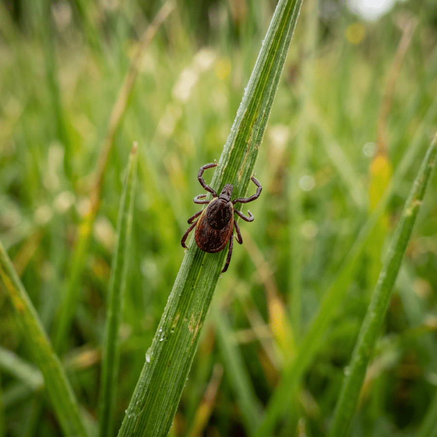 Tick clinging to a dew-covered blade of grass