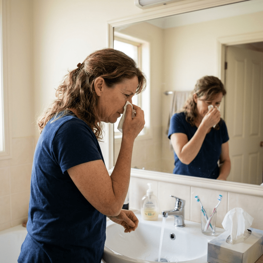 Woman wiping her nose beside a bathroom sink and mirror
