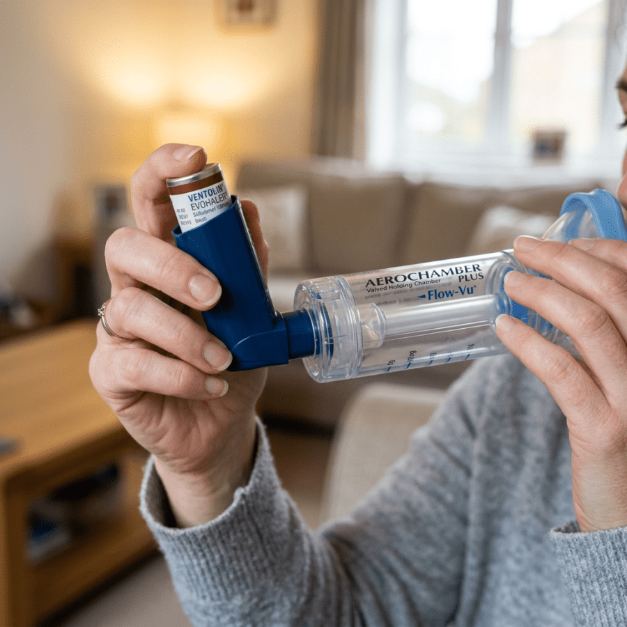 Person holding a blue inhaler attached to an AeroChamber spacer