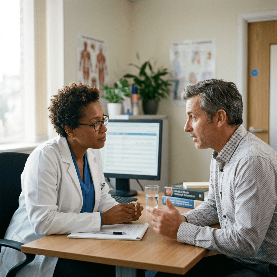 Doctor and patient discussing health across a medical office desk