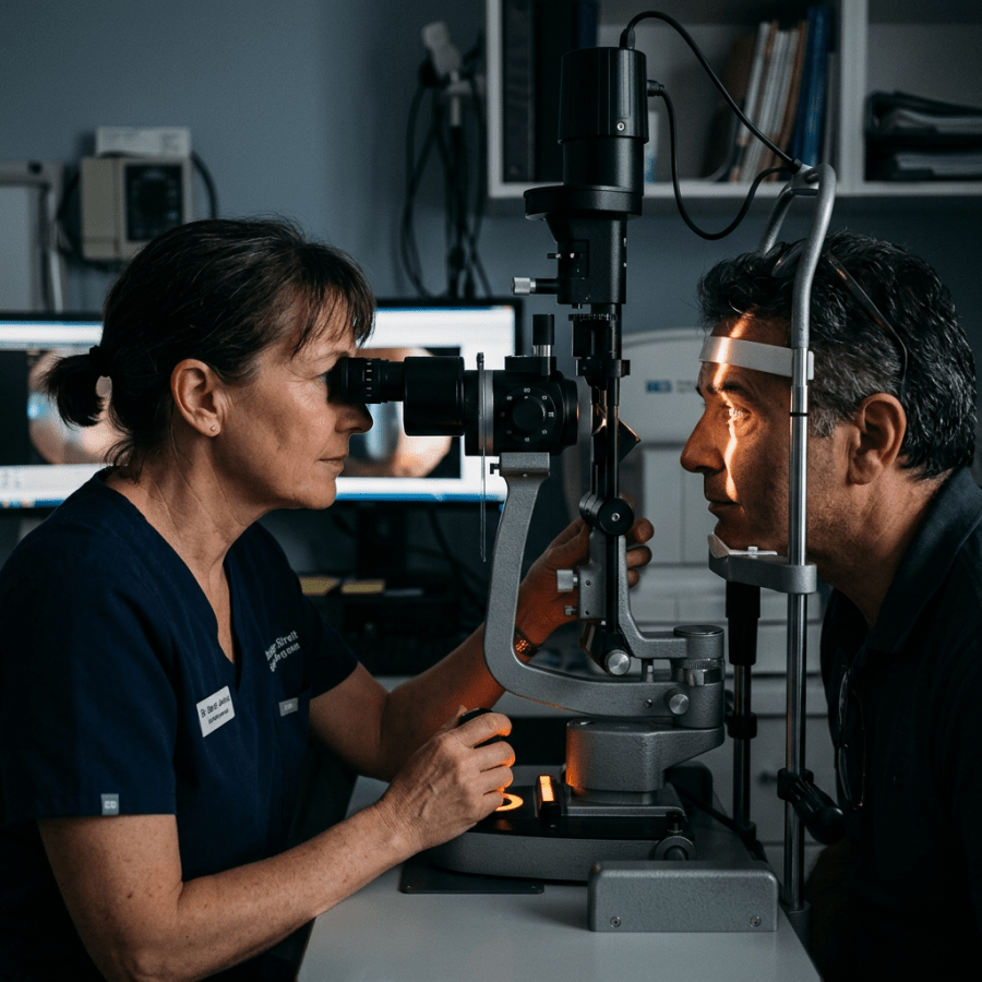 Eye care professional examining a patient's eye with a slit-lamp microscope