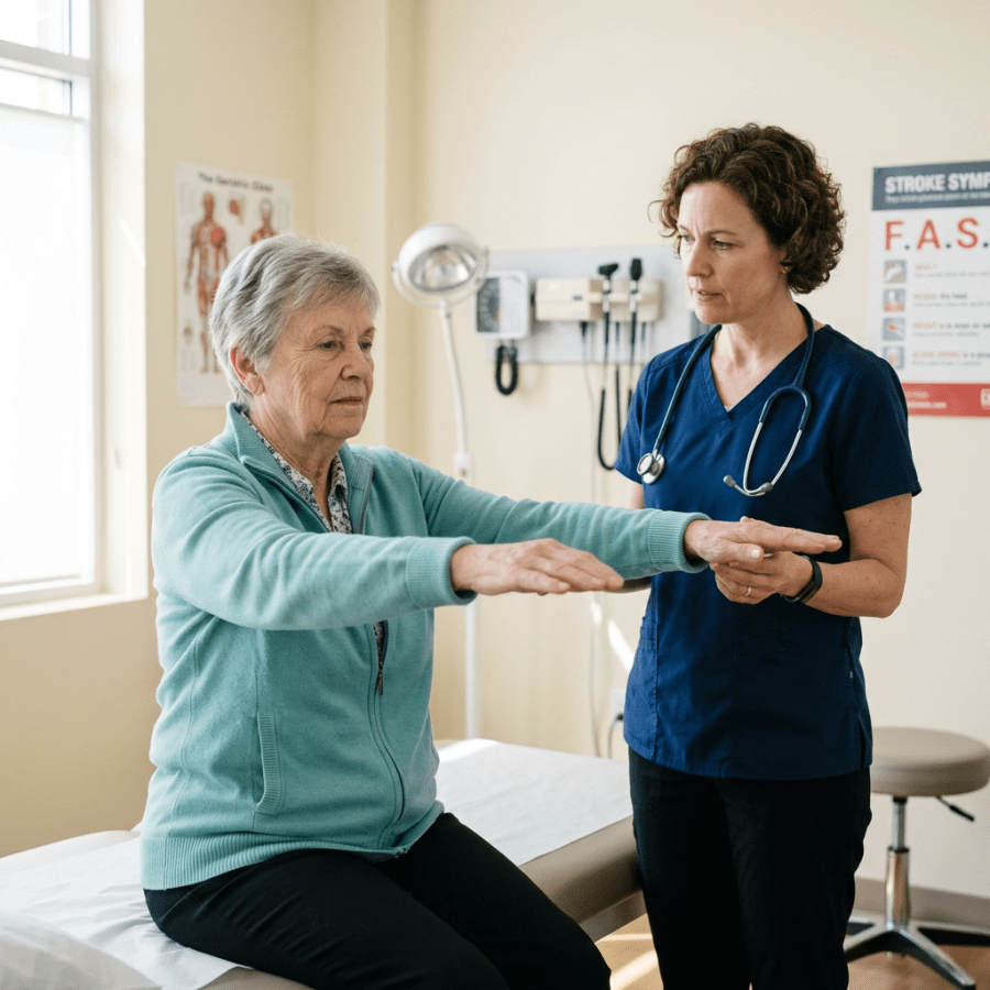 Nurse guiding older woman through a balance assessment