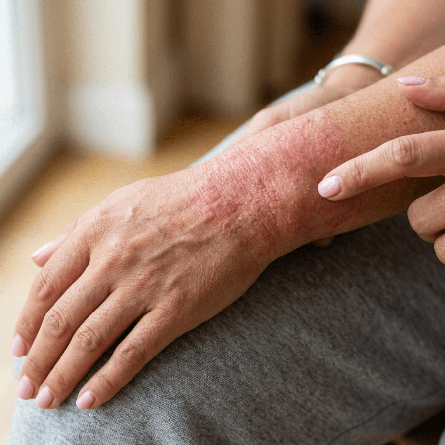 Person pointing to red, irritated skin on the back of a hand