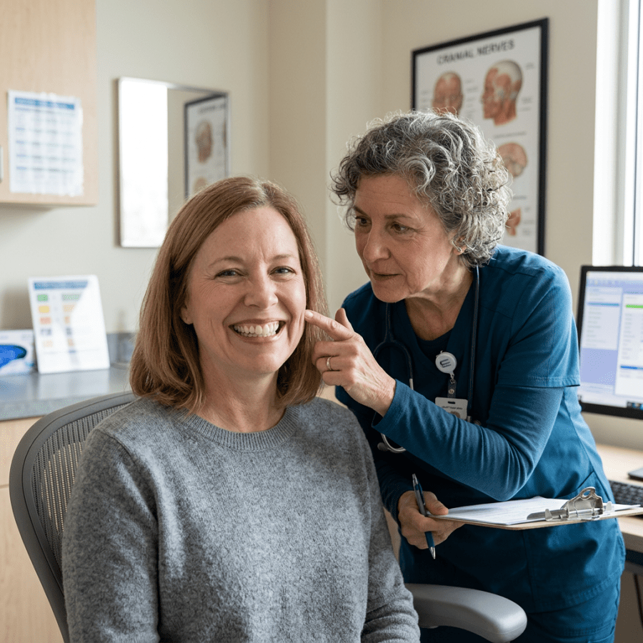 Clinician examining the side of a patient’s face during a clinic visit