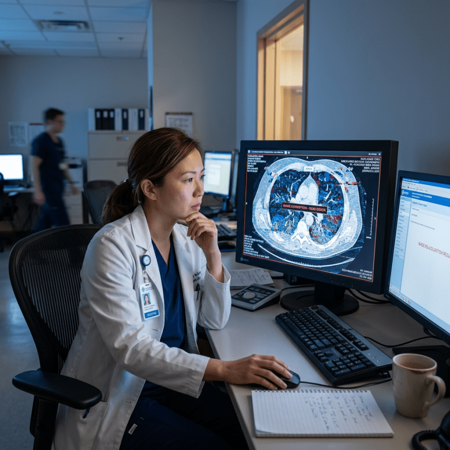 Clinician reviewing a chest CT scan on a computer monitor