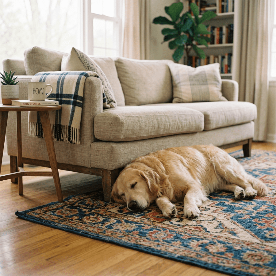 Golden retriever sleeping on a patterned rug beside a sofa