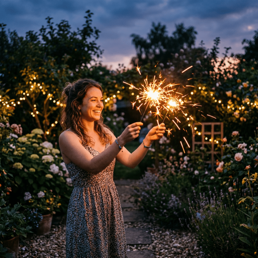 Smiling woman holding two sparklers in a flower-filled garden at dusk
