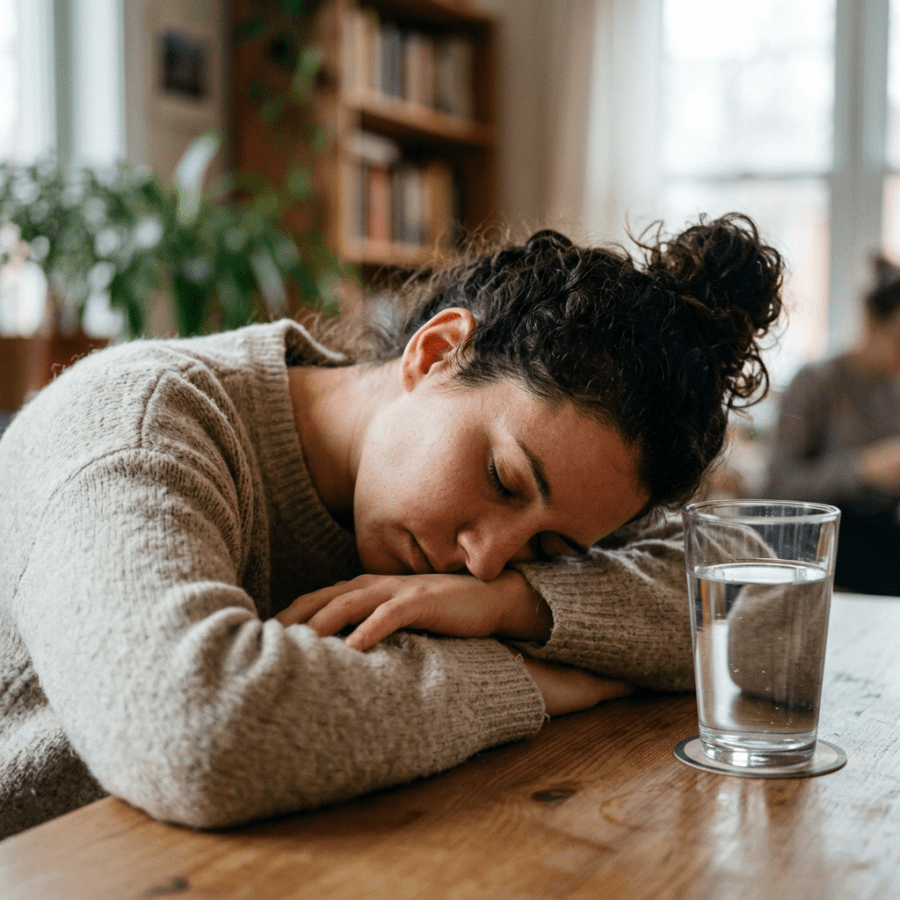 Woman sleeping on folded arms beside a glass of water