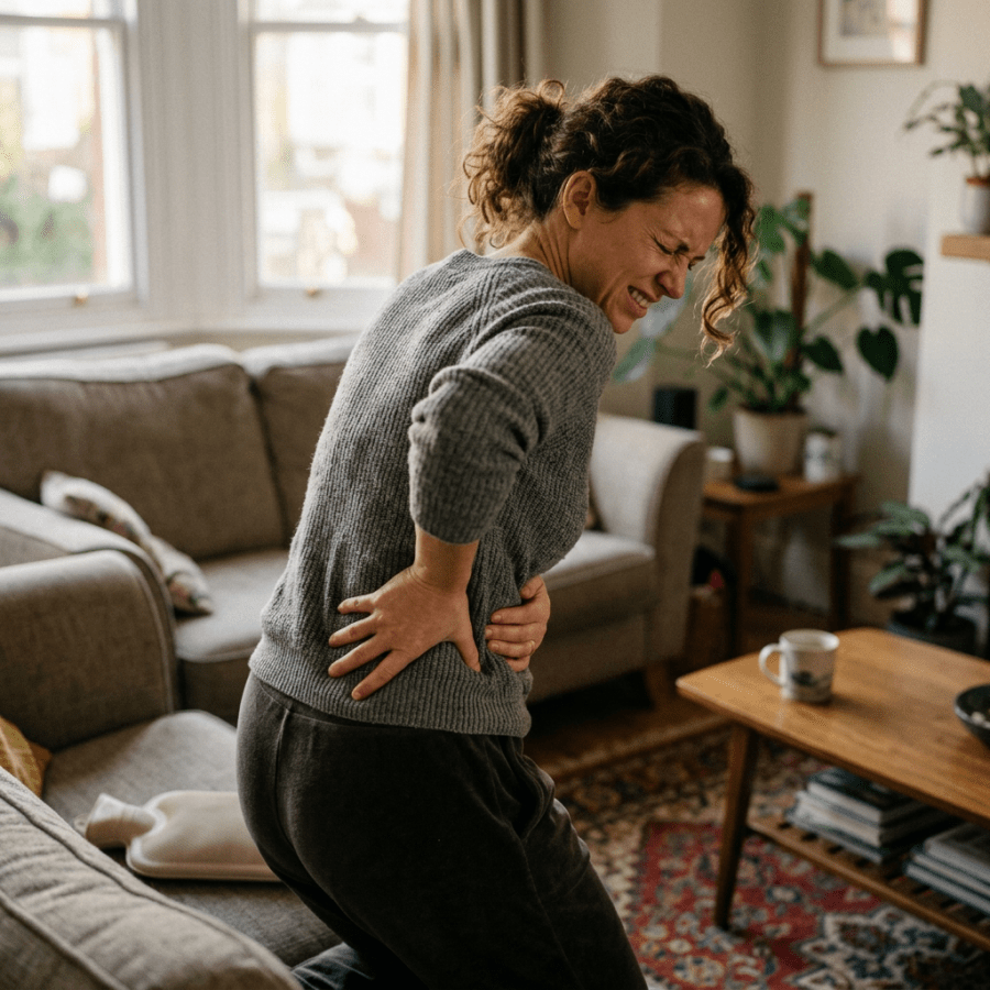 Woman grimacing and holding her lower back in a living room