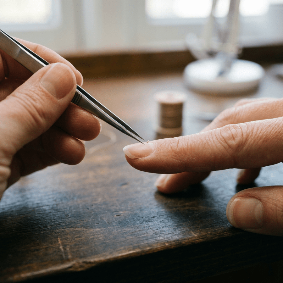 Tweezers removing debris from beneath a person’s fingernail