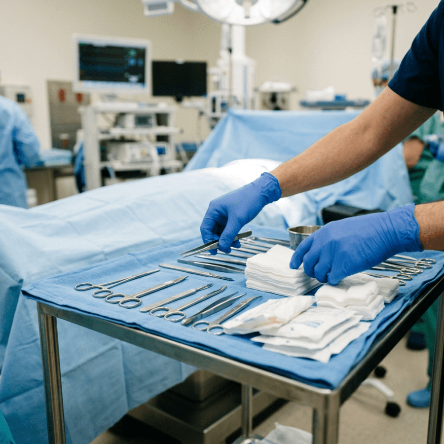 Gloved medical professional arranging surgical instruments on a sterile operating table