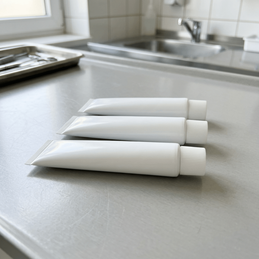 Three blank white squeeze tubes on a laboratory countertop