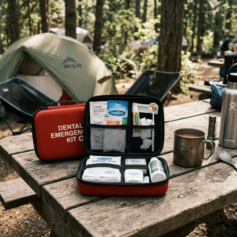 Open red DENTAL EMERGENCY KIT with dental supplies beside a tent