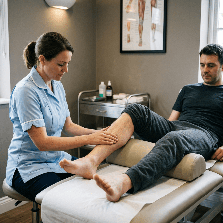 Physical therapist examining a patient's knee on a treatment table