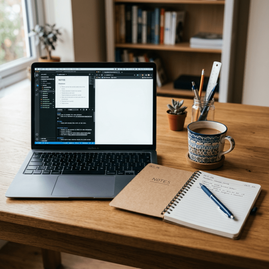 Laptop, notes, coffee, stationery, and succulent arranged on a wooden desk