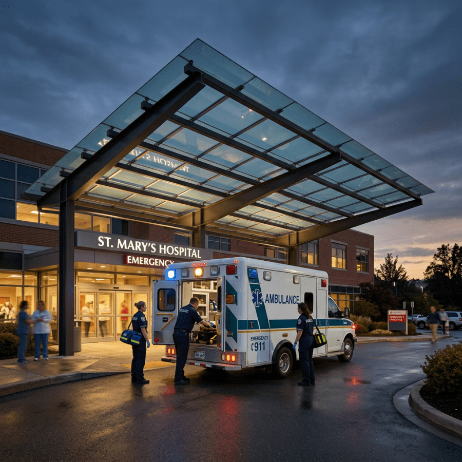 Ambulance and paramedics outside a hospital emergency entrance at dusk