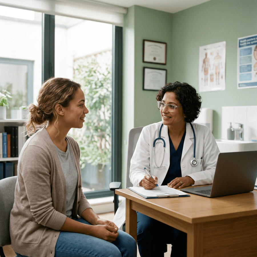 Doctor speaking with a patient while taking notes at a desk