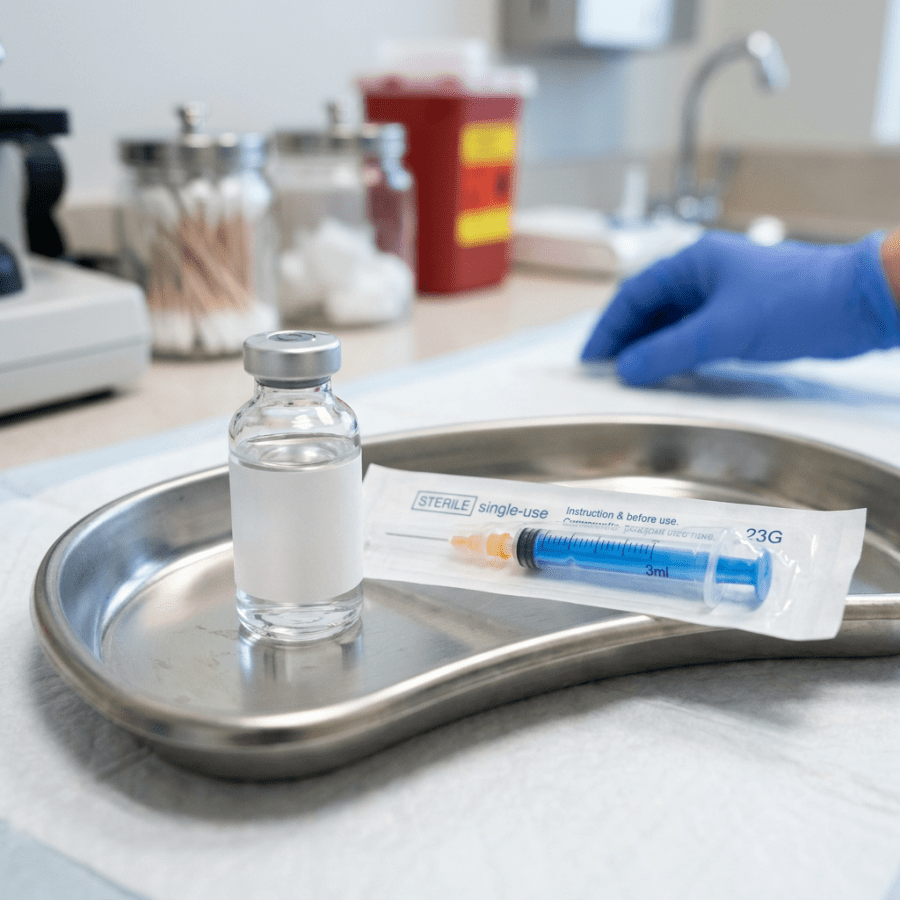 Vaccine vial and sealed syringe on a stainless steel clinic tray