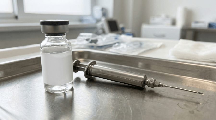 A vaccine vial and syringe resting on a stainless steel clinic tray