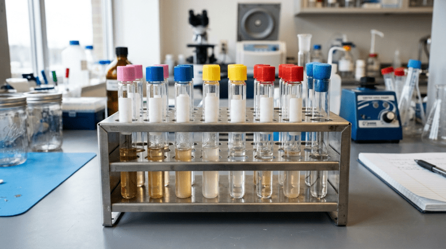 Clear glass culture tubes in a stainless steel rack on a laboratory bench