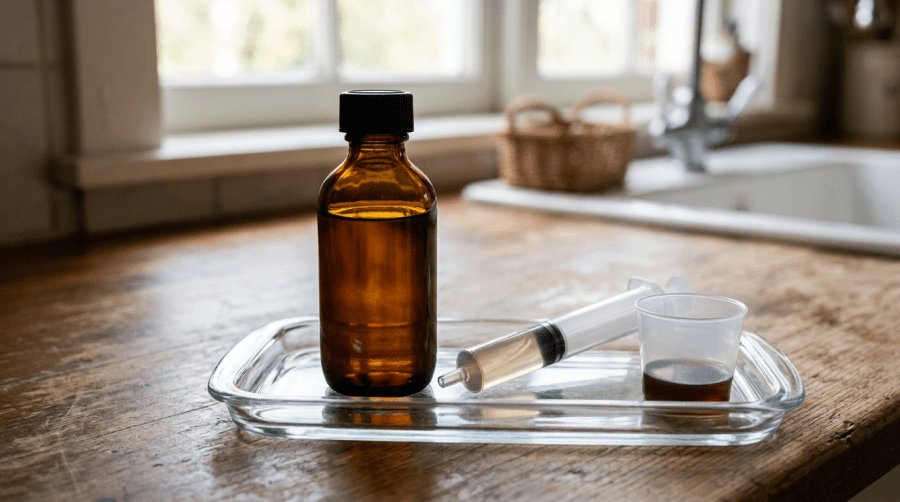 Amber medicine bottle, oral dosing syringe and measuring cup on a kitchen counter