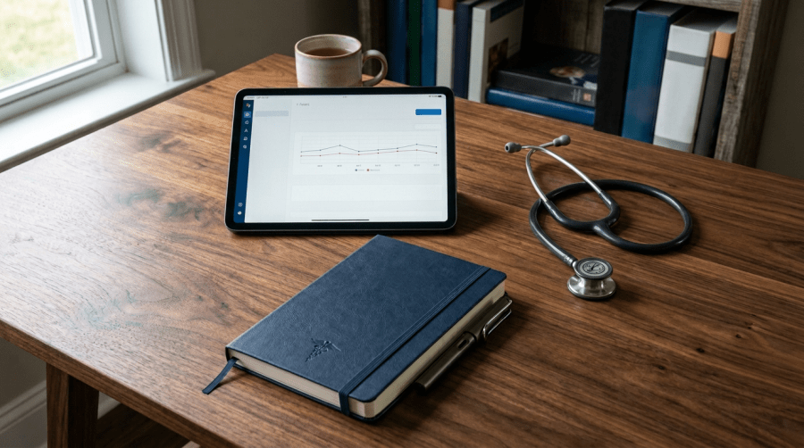 A tablet and a stethoscope on a wooden desk beside a closed notebook