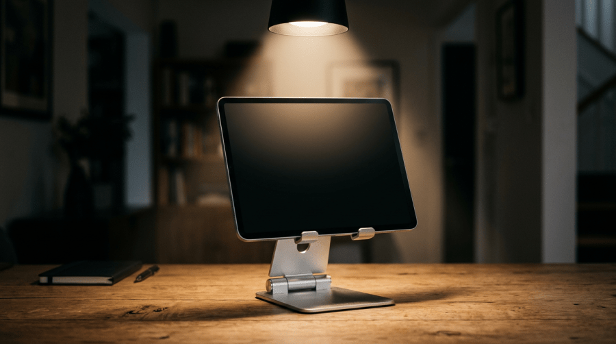 Tablet on a stand beneath a desk lamp on a wooden desk