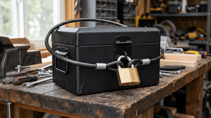 Black lockbox secured with a cable and brass padlock on a workshop bench