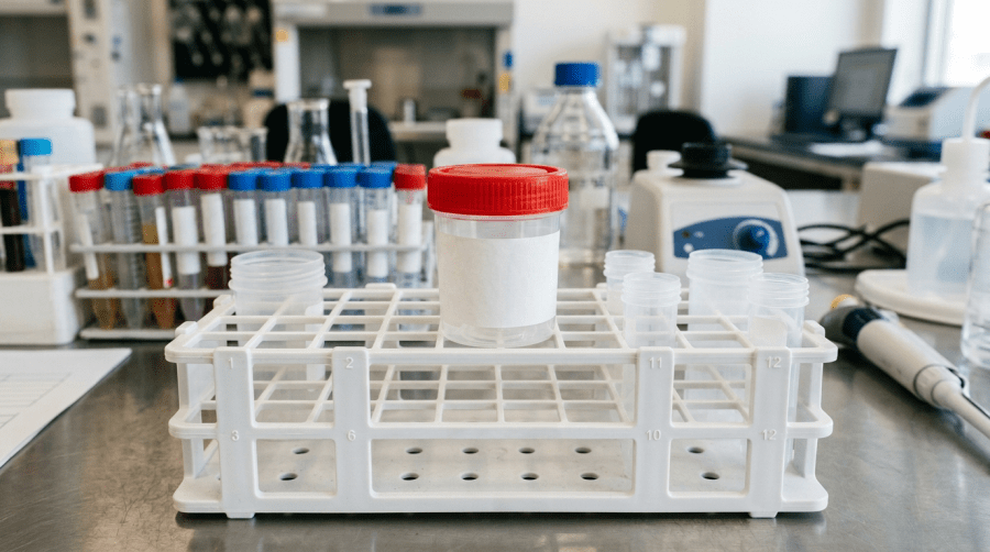 A specimen collection cup in a white rack on a laboratory bench