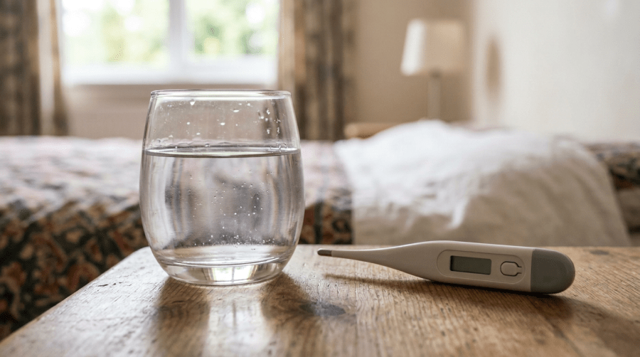 Glass of water and digital thermometer on a bedside table