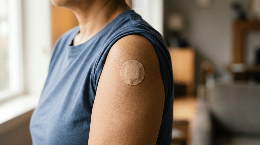 Round beige adhesive bandage on an adult's upper arm after a vaccination