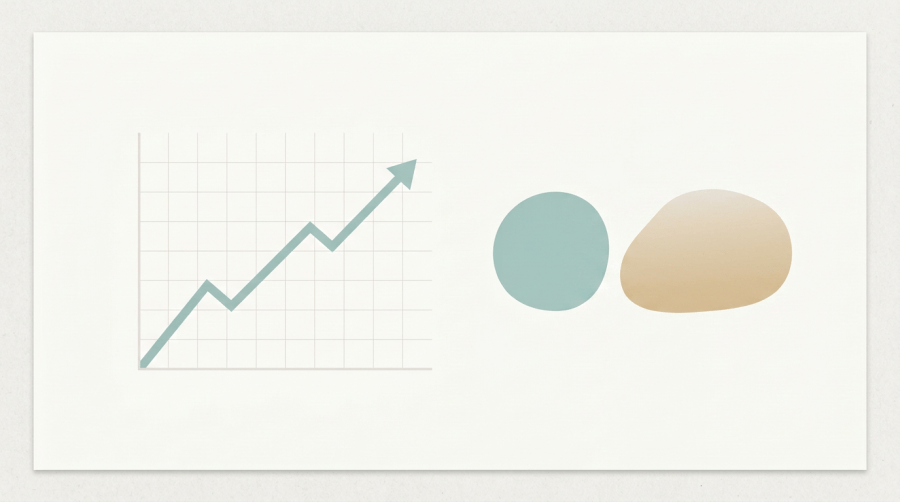 Abstract illustration of a rising line graph beside two shapes of differing distribution, representing midlife weight gain and the shift of body fat after menopause