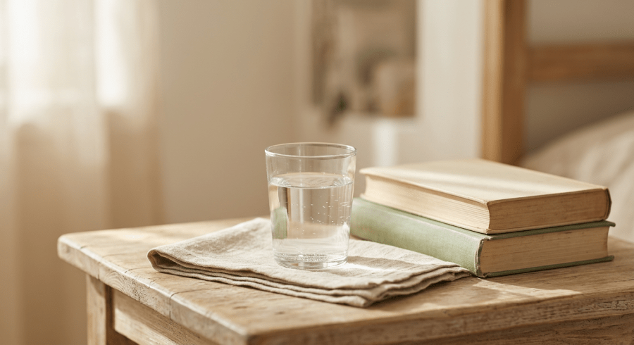 A bedside table in soft morning light with a folded linen cloth, a glass of water and two books