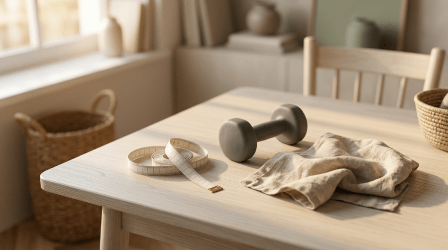 A wooden table in warm morning light with a coiled cloth tape measure, a small hand weight and a folded linen cloth