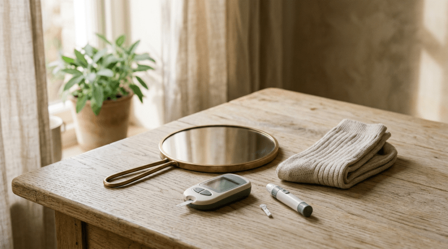 A hand mirror, a pair of folded cotton socks and a home glucose meter with a lancet on a sunlit wooden table
