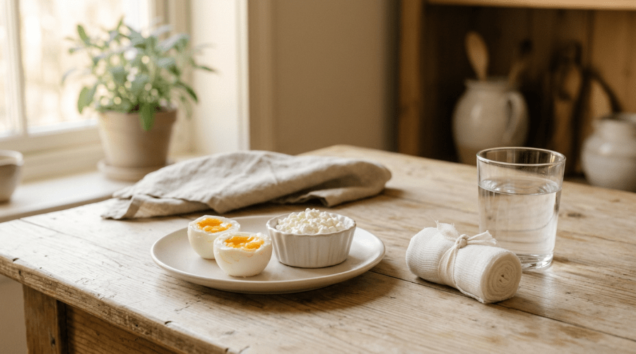 A plate of boiled eggs and cottage cheese beside a rolled gauze bandage and a glass of water on a sunlit wooden table