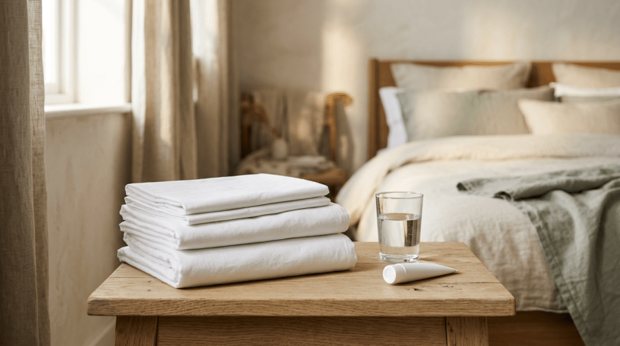A stack of folded white cotton bed linens beside a plain tube of cream and a glass of water on a sunlit wooden nightstand