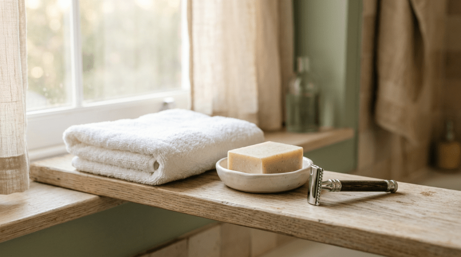 A folded white towel beside a plain bar of soap in a ceramic dish and a safety razor on a sunlit wooden bathroom shelf