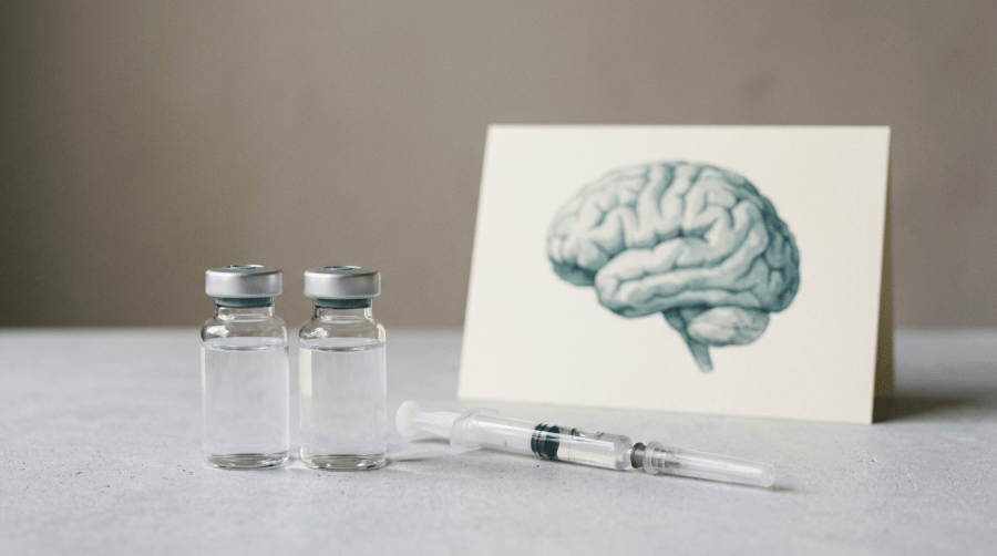 Two empty medical vials and syringe beside an illustrated human brain