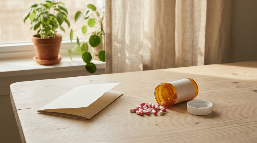 An amber prescription bottle tipped over on a pale wooden table with pink and white antibiotic capsules spilling out, beside a folded paper card, in bright window light